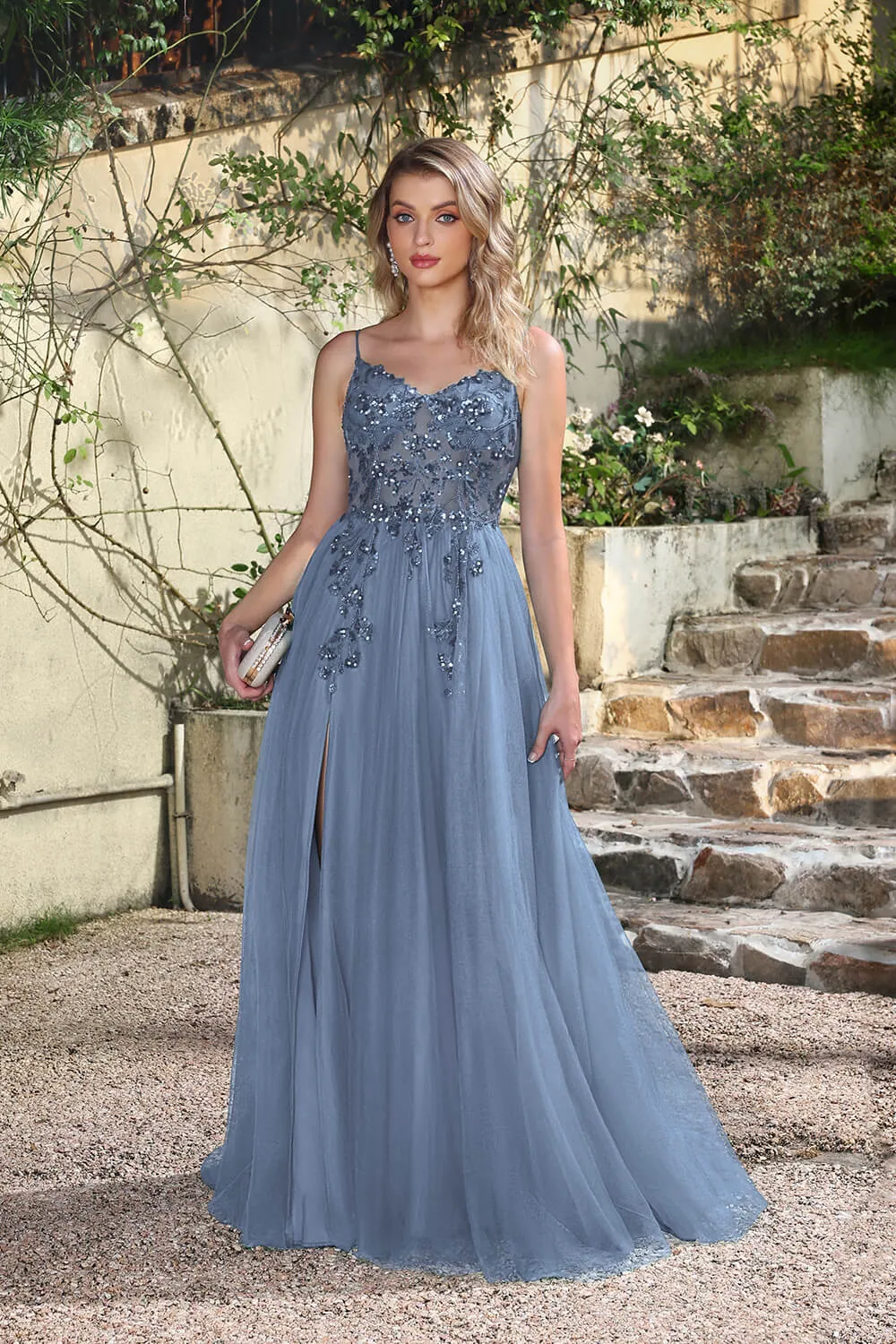 Long A-line V-neck Sleeveless Tulle Floor Length Prom Dresses