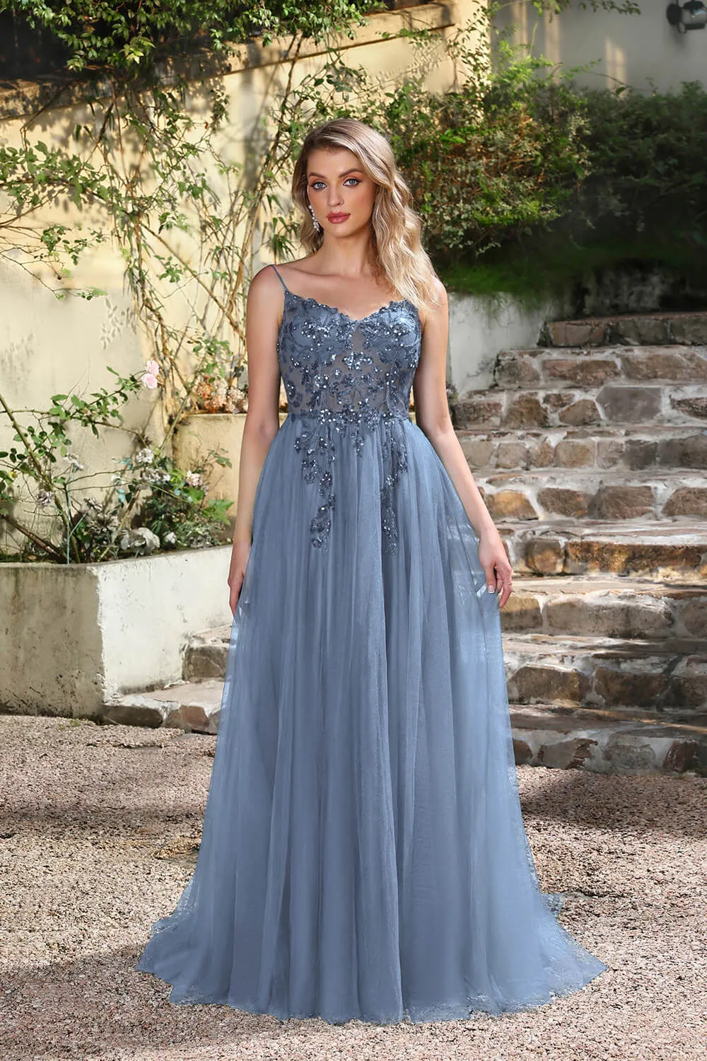 Long A-line V-neck Sleeveless Tulle Floor Length Prom Dresses