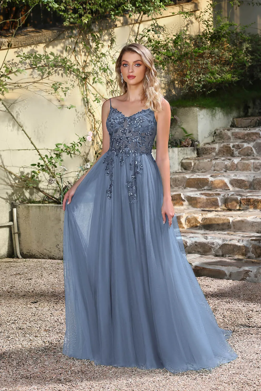 Long A-line V-neck Sleeveless Tulle Floor Length Prom Dresses