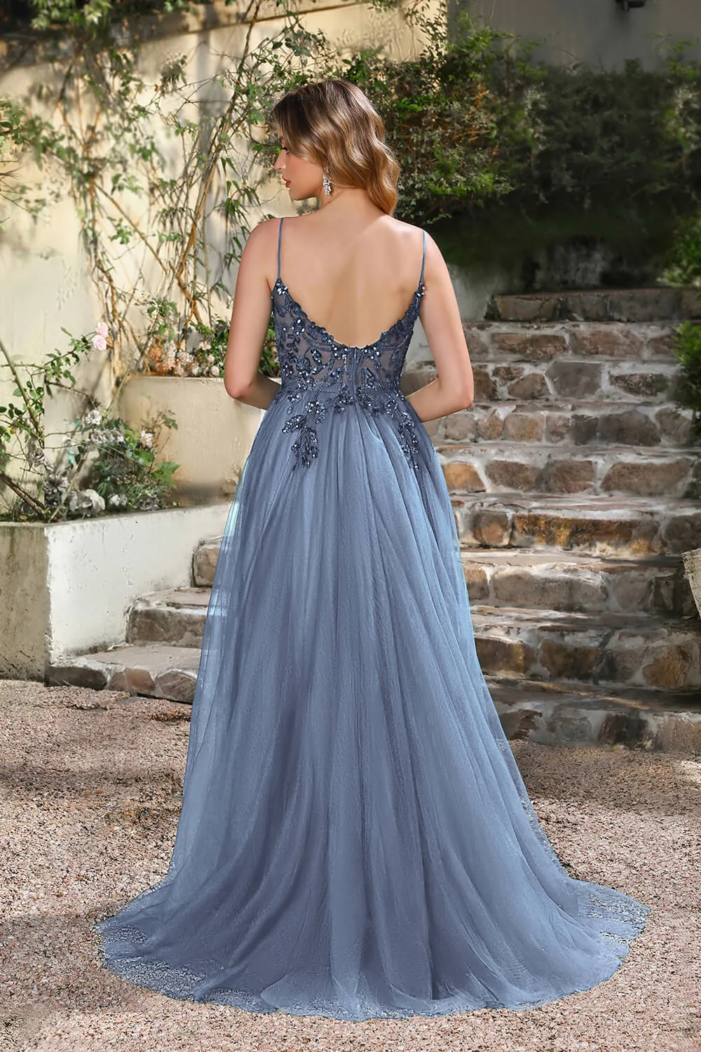 Long A-line V-neck Sleeveless Tulle Floor Length Prom Dresses