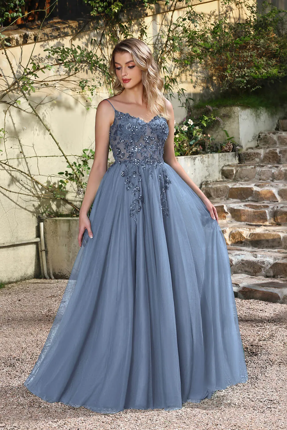 Long A-line V-neck Sleeveless Tulle Floor Length Prom Dresses