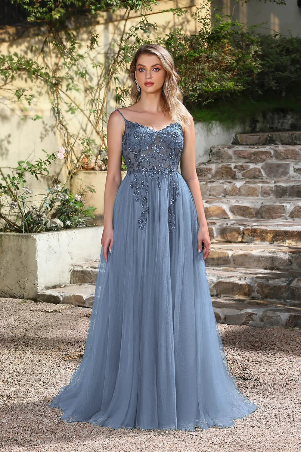 Long A-line V-neck Sleeveless Tulle Floor Length Prom Dresses