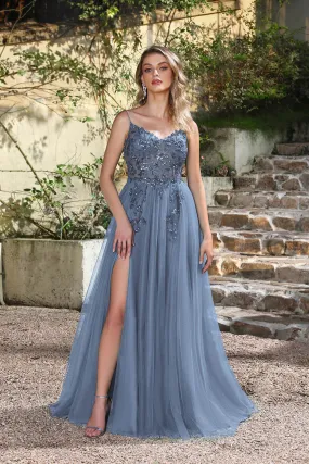 Long A-line V-neck Sleeveless Tulle Floor Length Prom Dresses