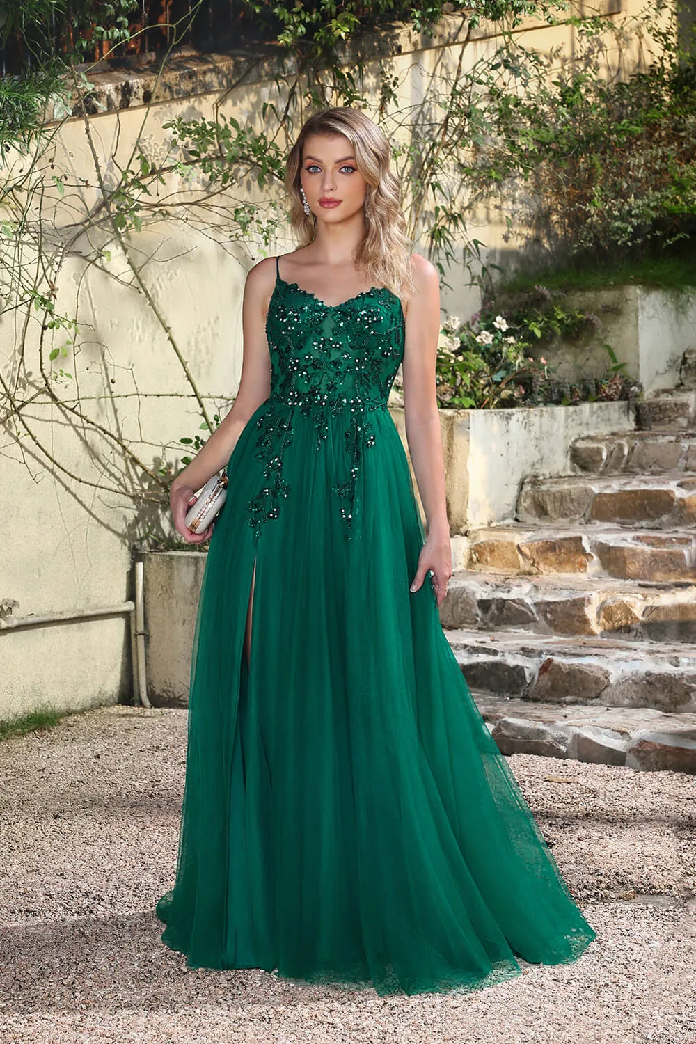 Long A-line V-neck Sleeveless Tulle Floor Length Prom Dresses