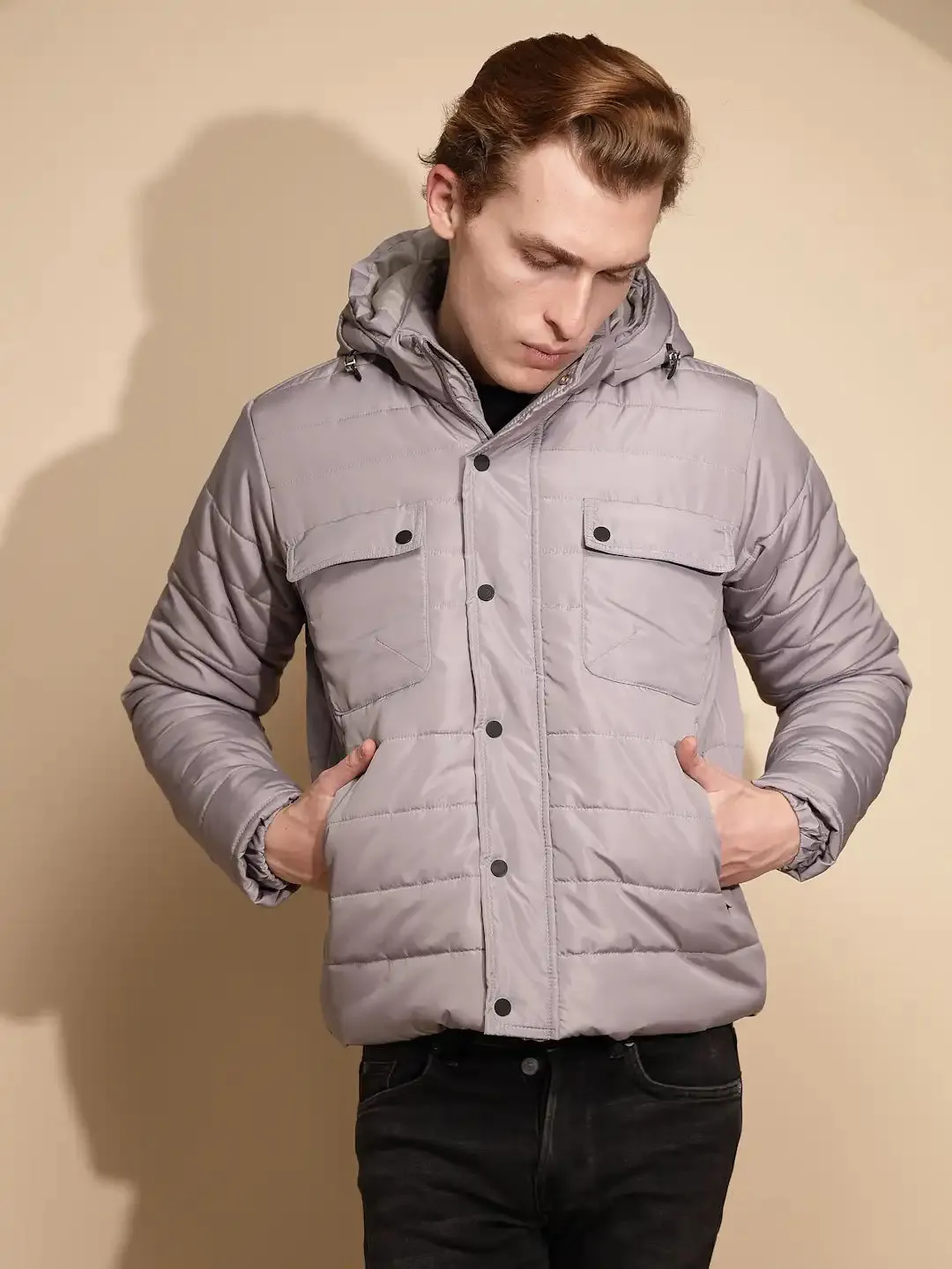 Men Light Grey Solid Full Sleeve Polycotton Hooded Puffer Jacket