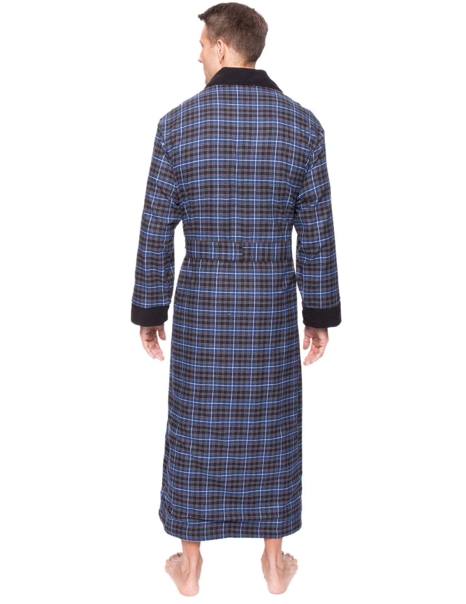 Men's Premium 100% Cotton Flannel Fleece Lined Robe - Plaid Navy/Black