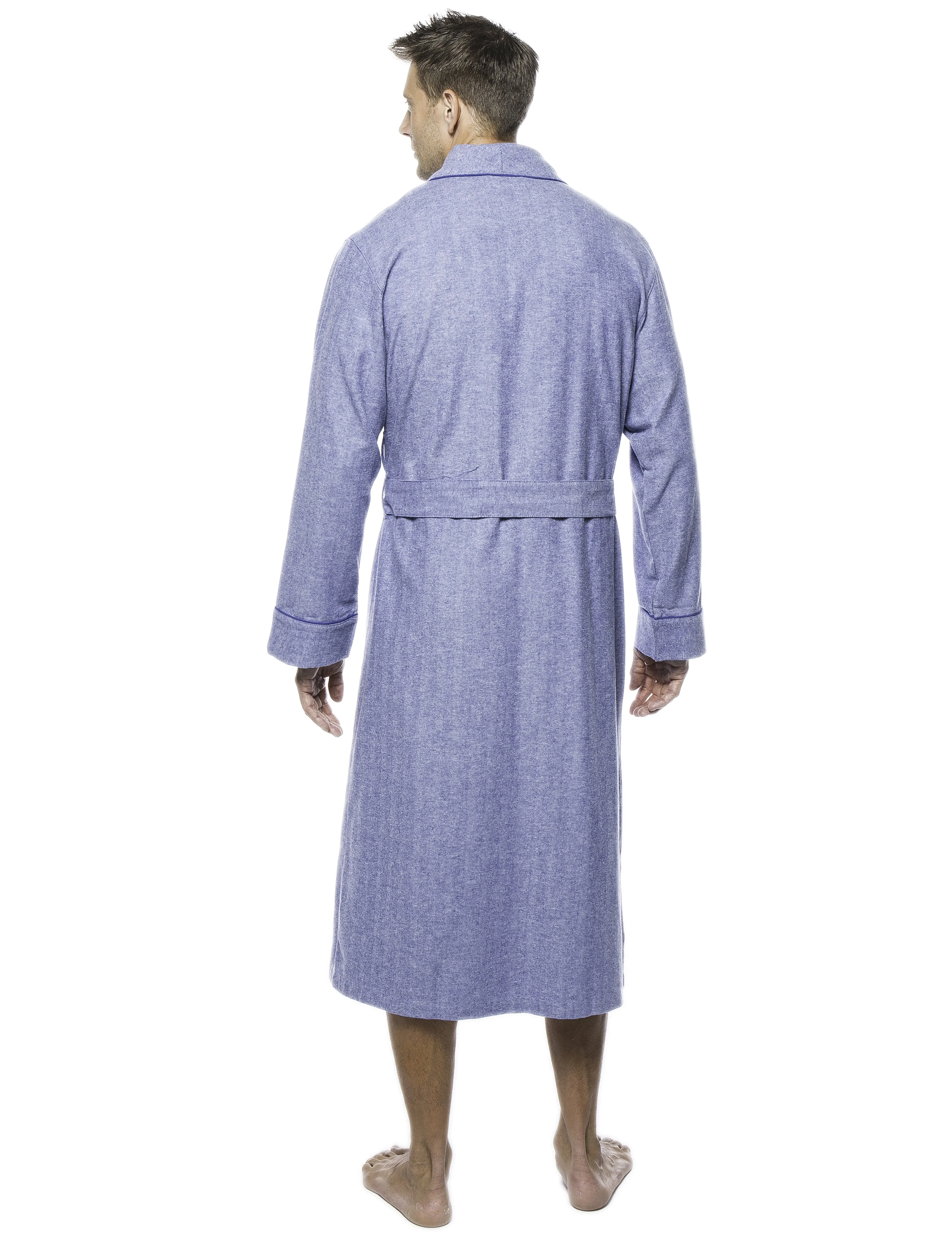 Mens Premium 100% Cotton Flannel Robe - Herringbone Blue