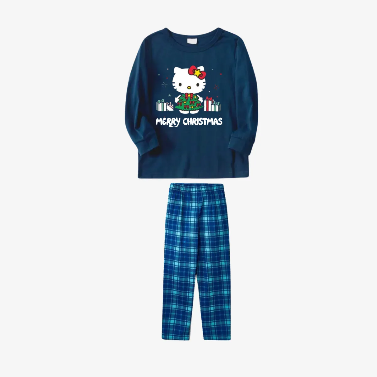 Merry Christmas Letter & Hello Kitty Pattern Sky Blue Plaid Family Pajama Sets