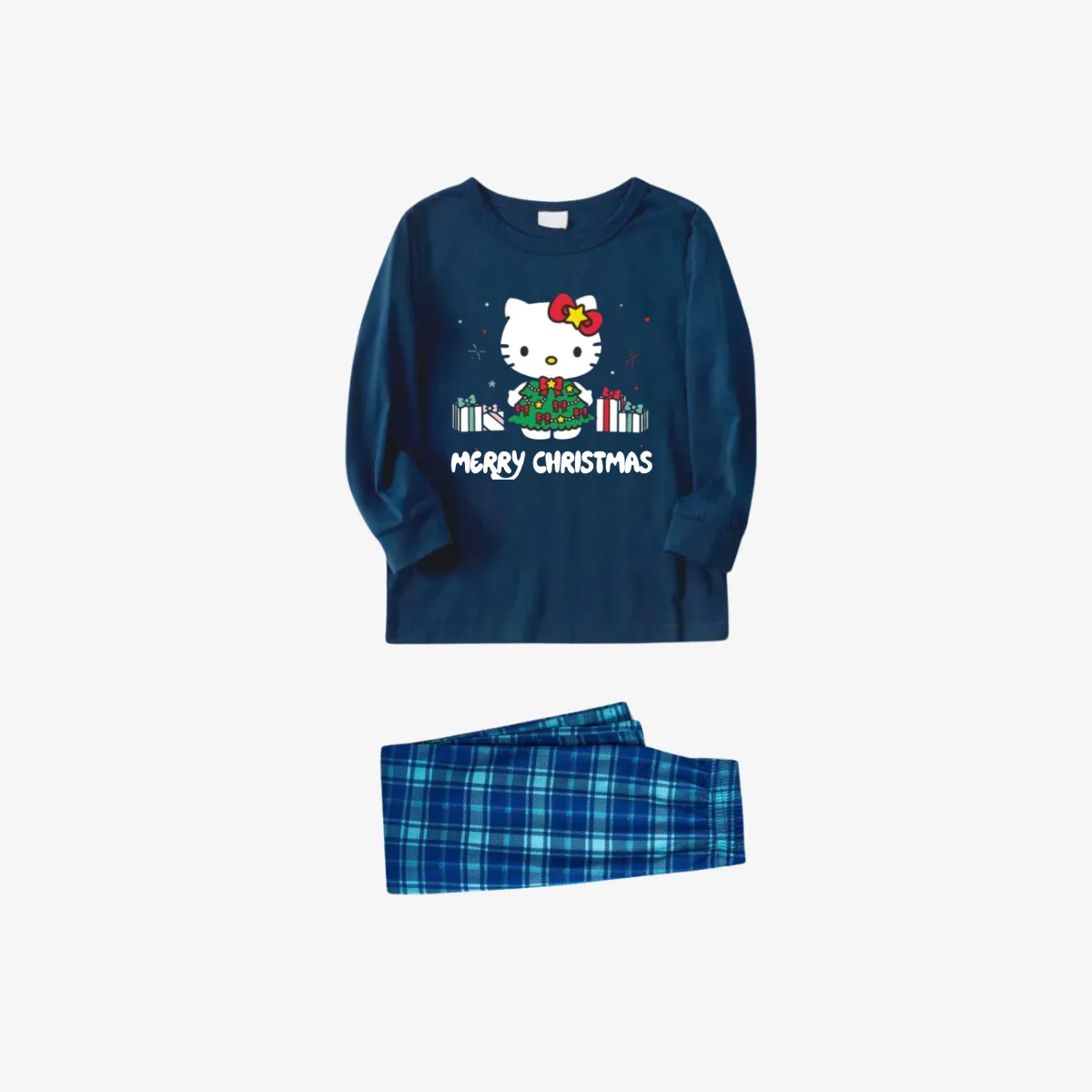 Merry Christmas Letter & Hello Kitty Pattern Sky Blue Plaid Family Pajama Sets