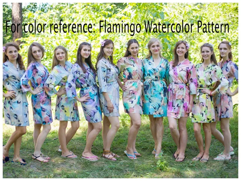 Mismatched Flamingo Watercolor Patterned Bridesmaids Robes in Soft Tones