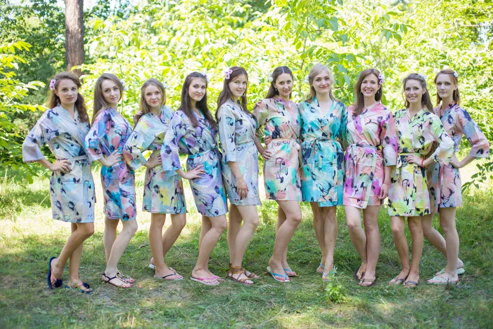 Mismatched Flamingo Watercolor Patterned Bridesmaids Robes in Soft Tones