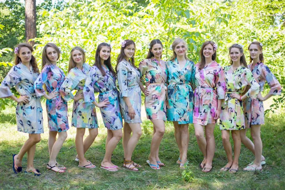 Mismatched Flamingo Watercolor Patterned Bridesmaids Robes in Soft Tones