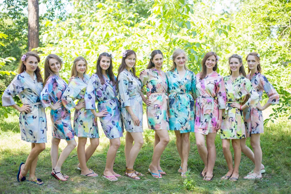 Mismatched Flamingo Watercolor Patterned Bridesmaids Robes in Soft Tones