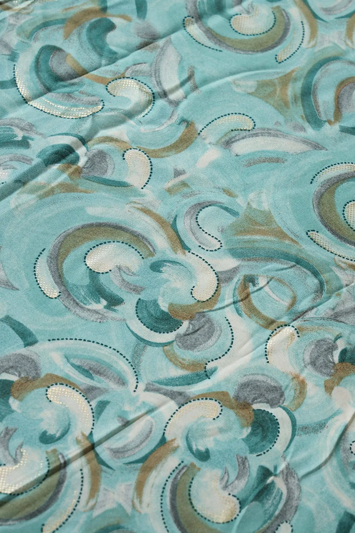 Multi Color Abstract Pattern With Foil Print On Teal Pure Rayon Fabric