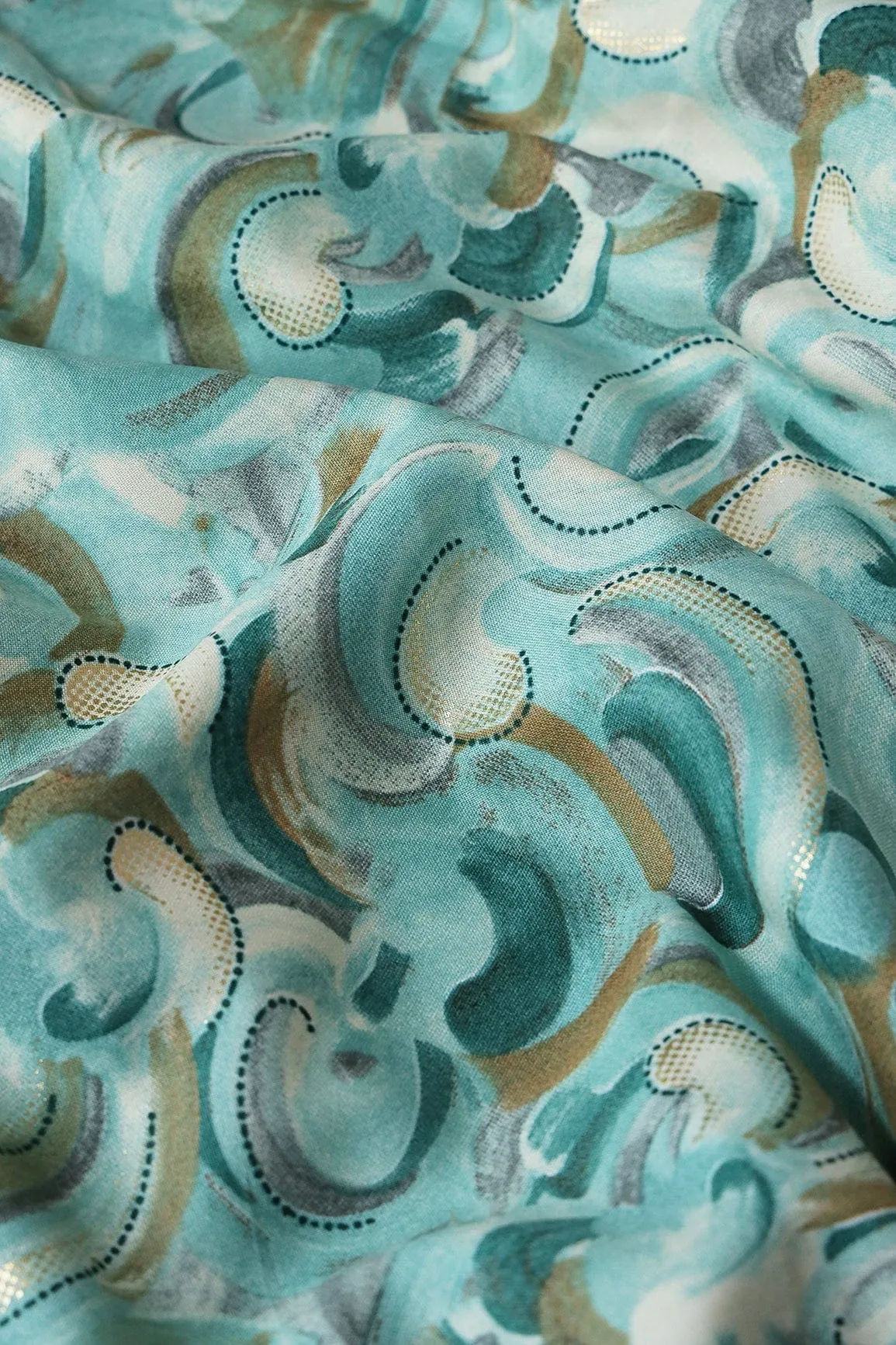 Multi Color Abstract Pattern With Foil Print On Teal Pure Rayon Fabric