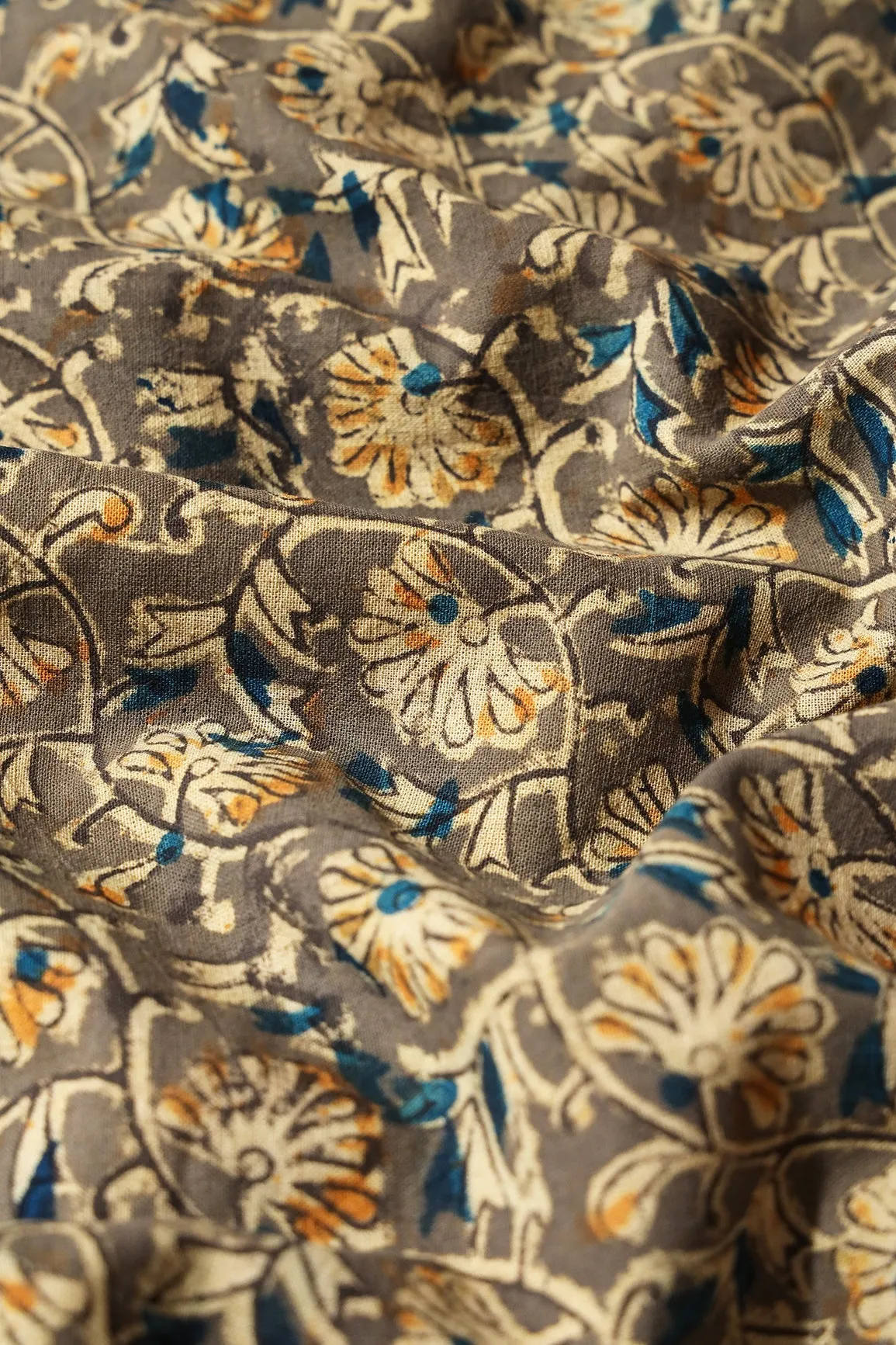 Olive And Light Beige Floral Pattern Handblock Kalamkari Organic Cotton Fabric