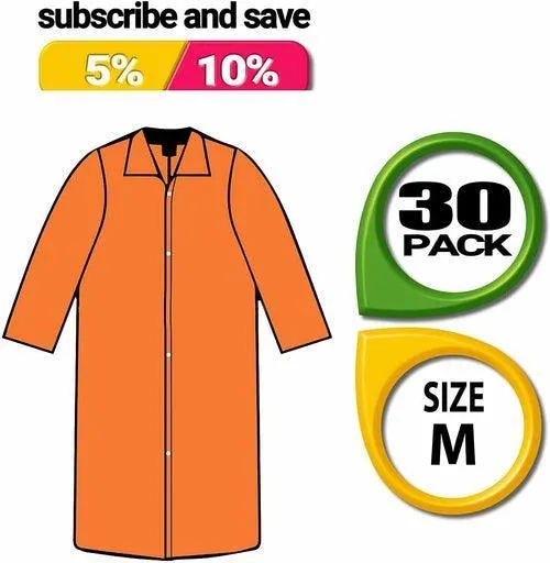 Pack of 30 Orange Lab Jackets. M size. Elastic Wrists, 4 Snap Front,