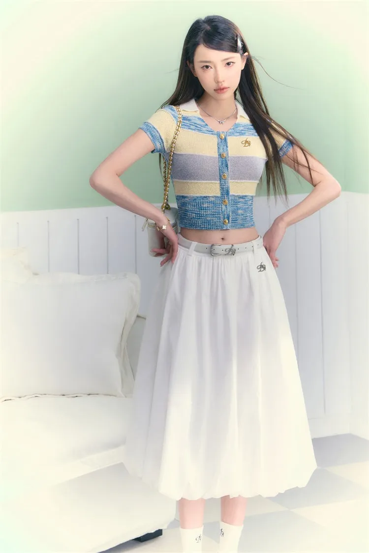 Pastel Striped Cropped Cardigan: Short Sleeve Collared Knit Top with Button Front