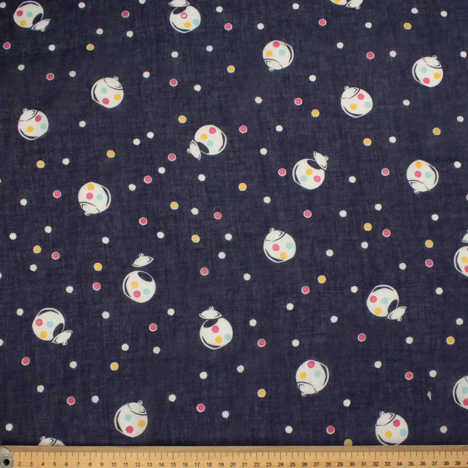 Printed Cotton Voile Design-42 White Candy Jar & Multi Colour Dots on Navy