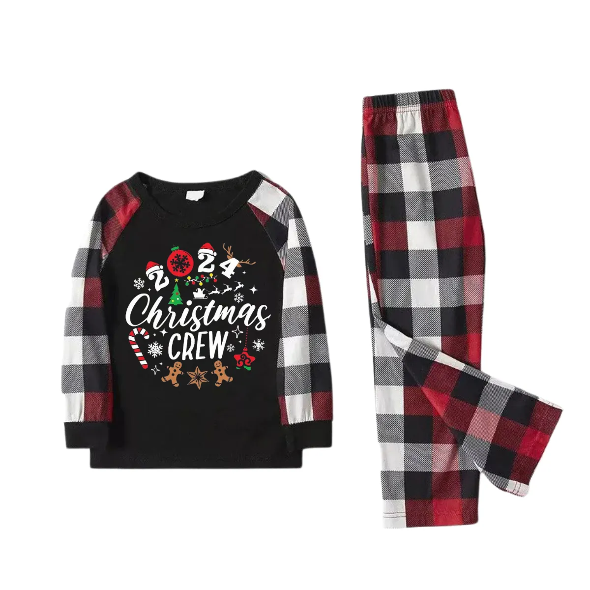 "2024 Christmas CREW " Text Printed Pattern - Black Top with Red&Black&White Plaid Sleeves - Family Matching Pajamas