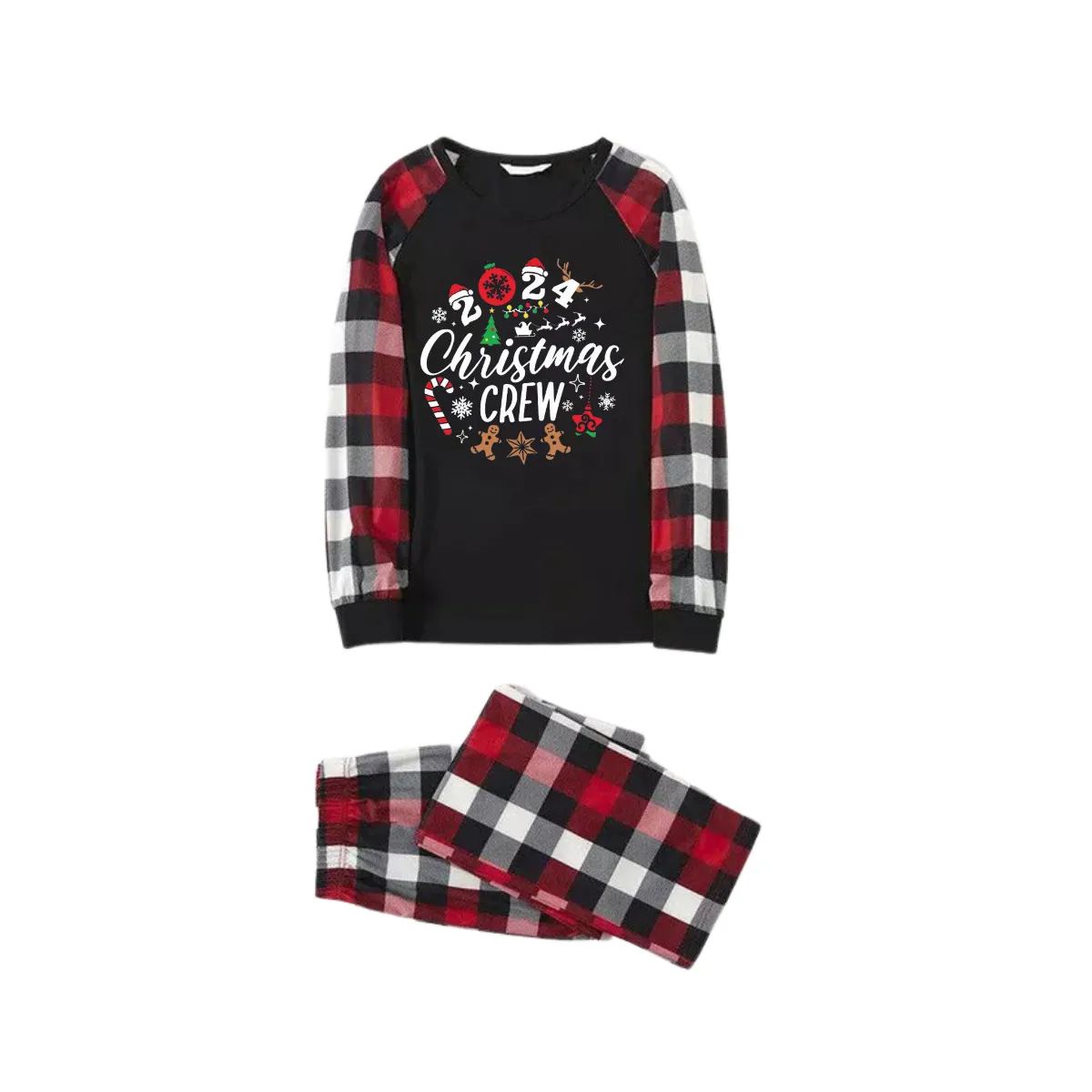 "2024 Christmas CREW " Text Printed Pattern - Black Top with Red&Black&White Plaid Sleeves - Family Matching Pajamas