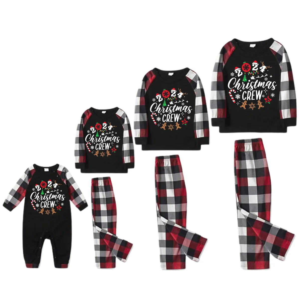 "2024 Christmas CREW " Text Printed Pattern - Black Top with Red&Black&White Plaid Sleeves - Family Matching Pajamas