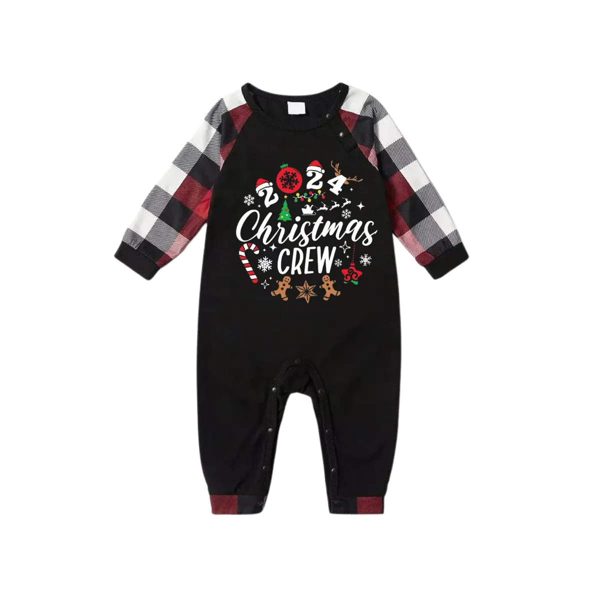 "2024 Christmas CREW " Text Printed Pattern - Black Top with Red&Black&White Plaid Sleeves - Family Matching Pajamas