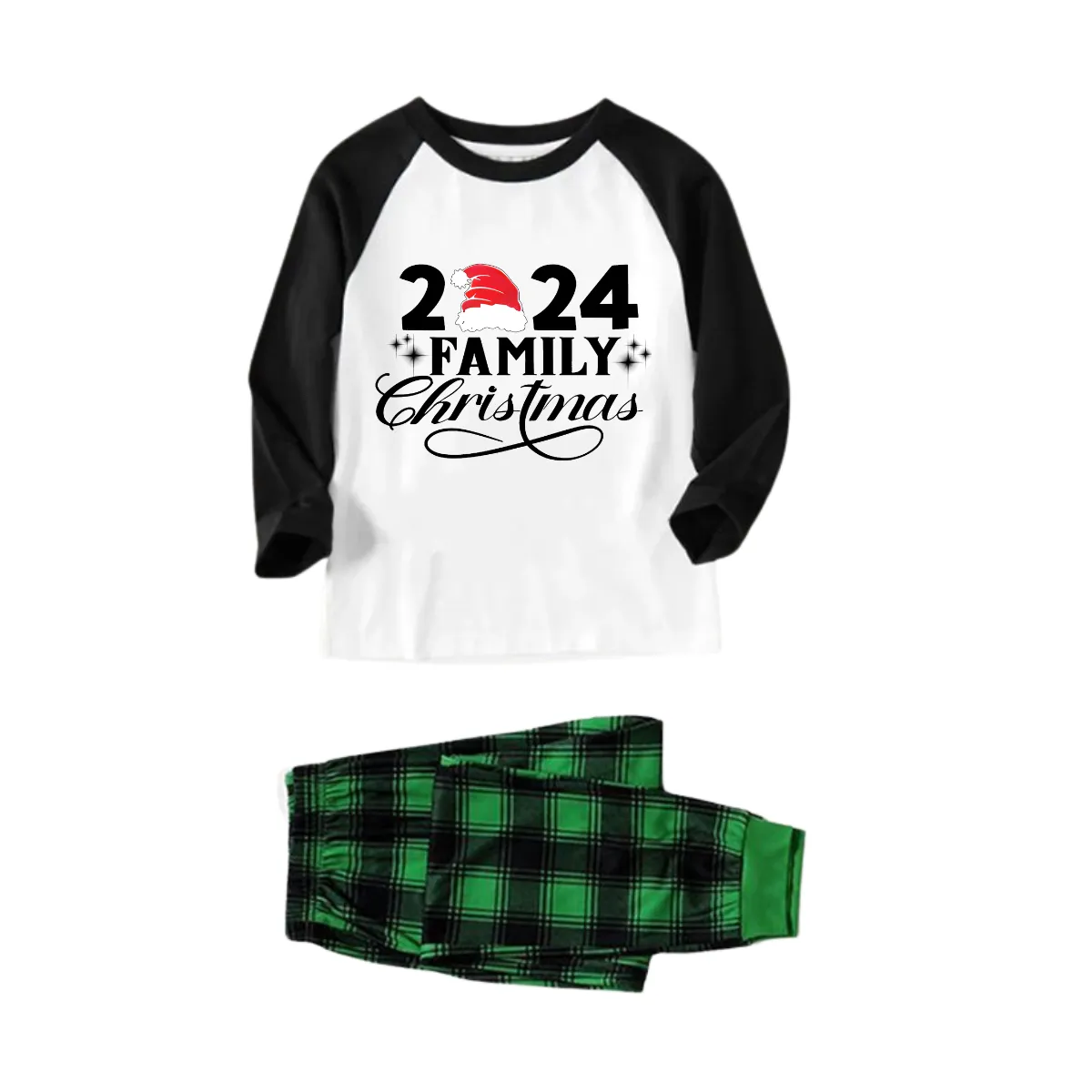 "2024 Family Christmas" Text Printed Green and Black Plaid Christmas Family Pajamas