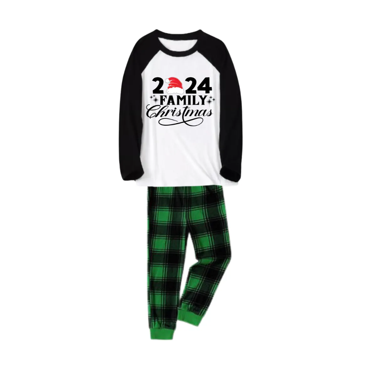 "2024 Family Christmas" Text Printed Green and Black Plaid Christmas Family Pajamas