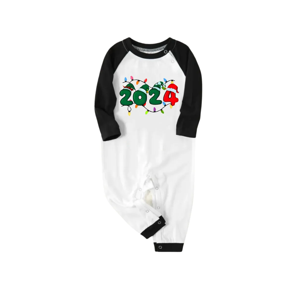 "2024" and Christmas Light Printed Green and Black Plaid Christmas Family Pajamas