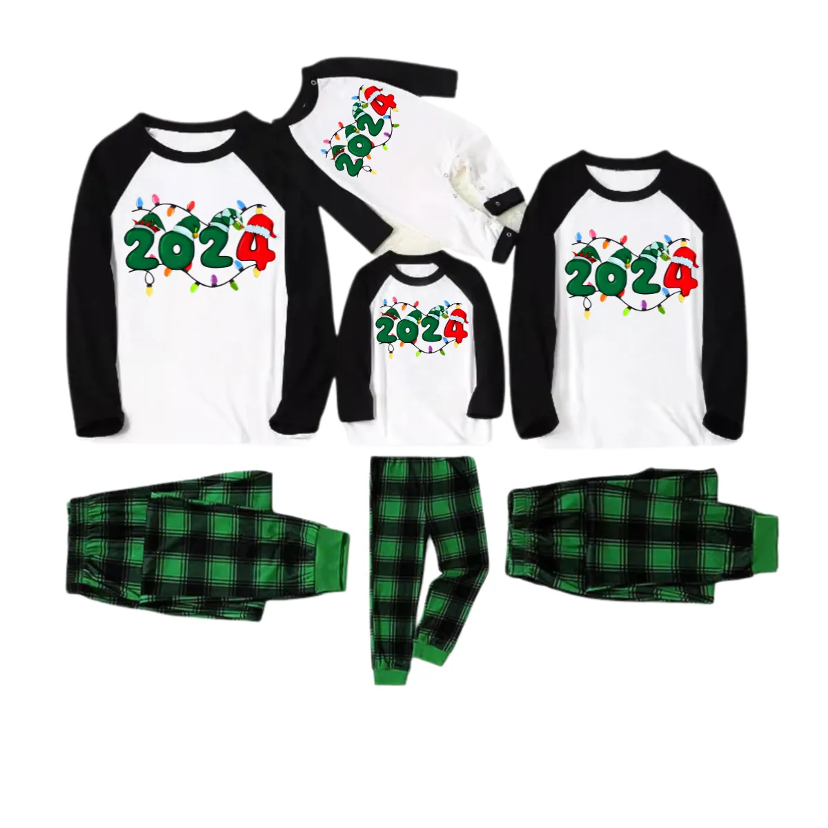 "2024" and Christmas Light Printed Green and Black Plaid Christmas Family Pajamas