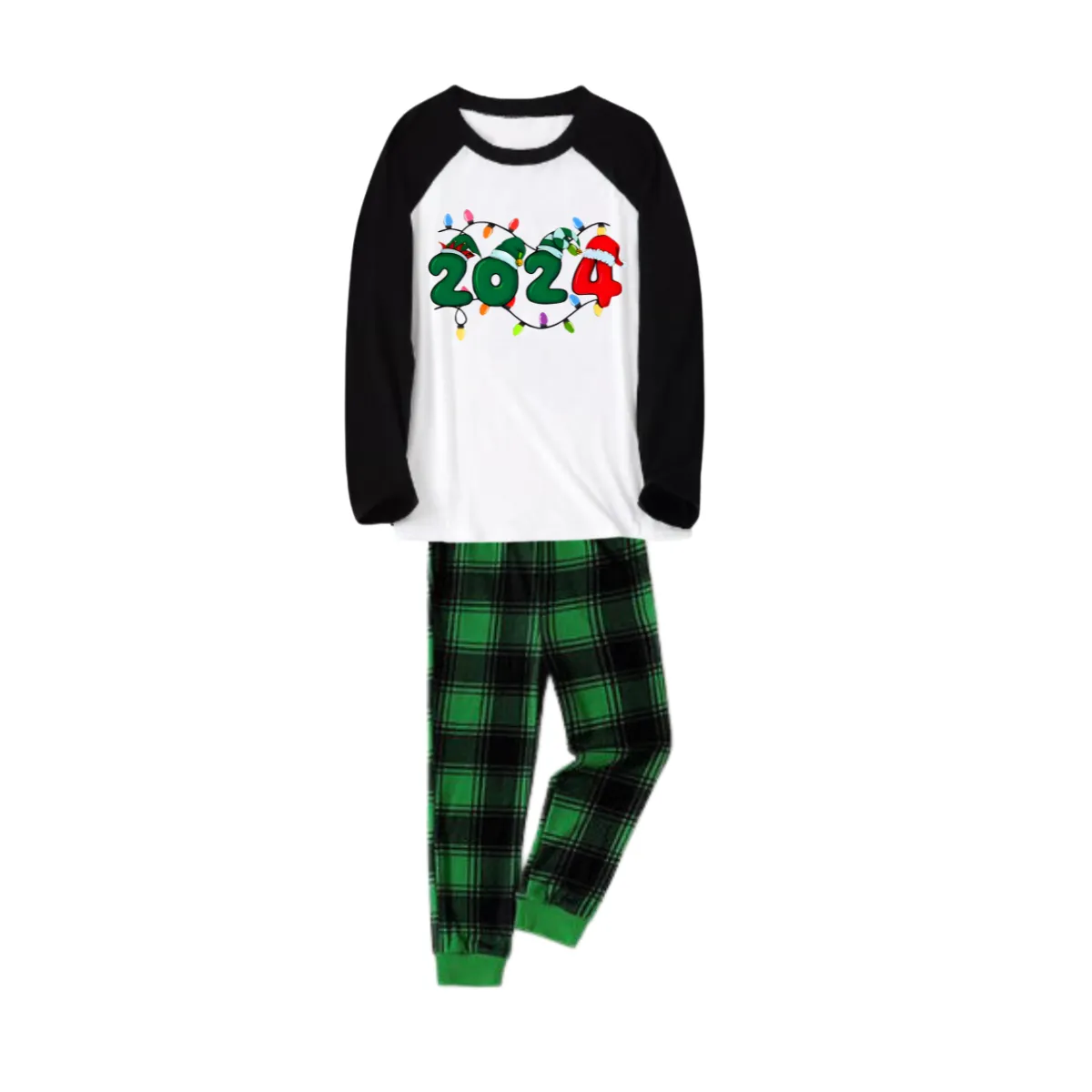 "2024" and Christmas Light Printed Green and Black Plaid Christmas Family Pajamas