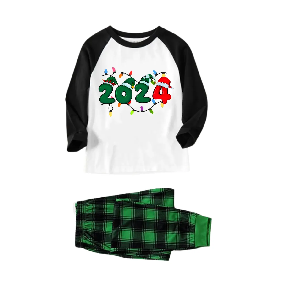 "2024" and Christmas Light Printed Green and Black Plaid Christmas Family Pajamas