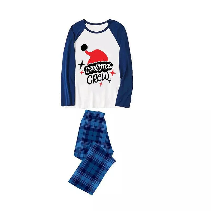 "Christmas crew" letter print, Christmas pajamas, patchwork tops and blue plaid pants Matching Pajamas With Dog