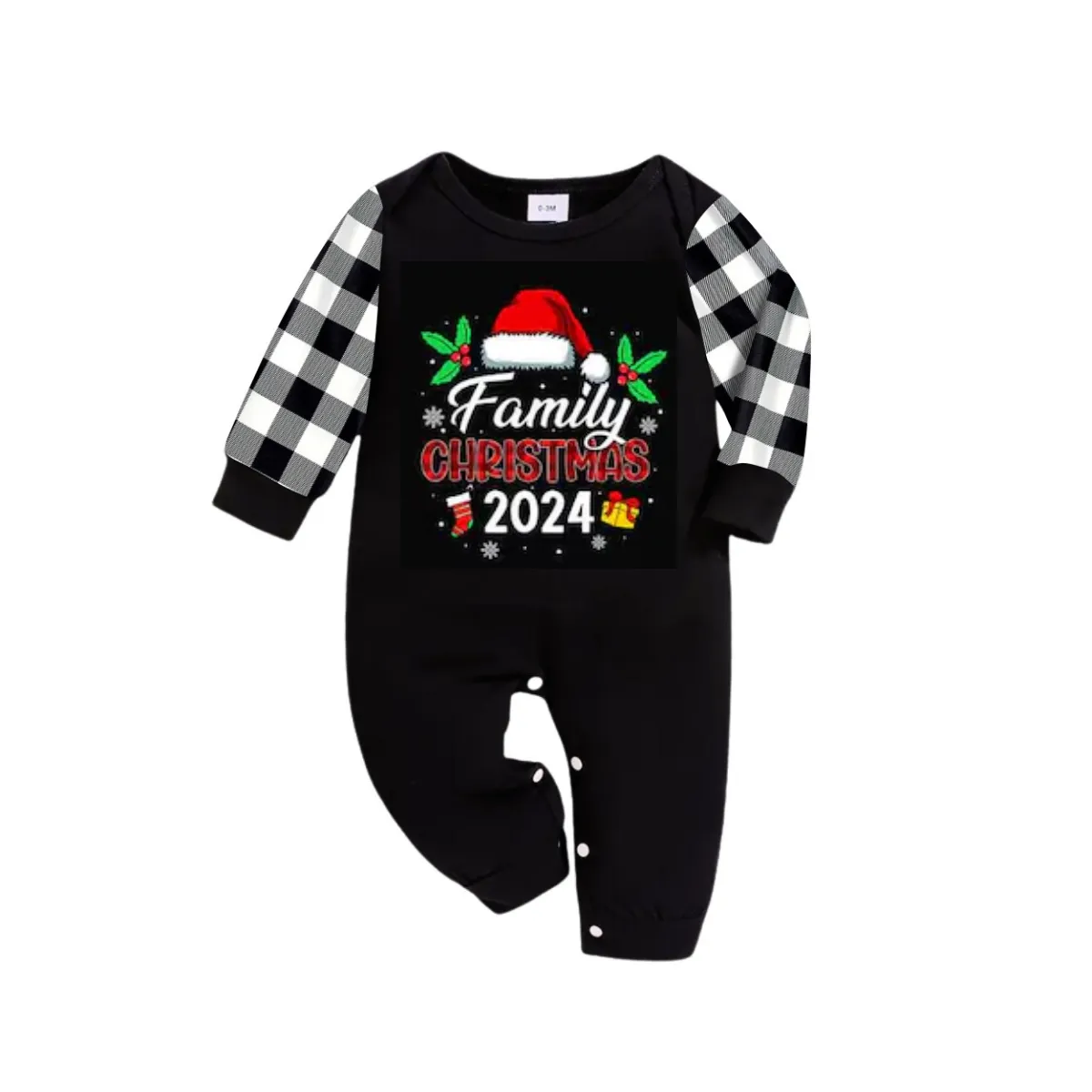 "Family Christmas 2024" and Santa Hat Prints Black and White Plaid Family Matching Pajamas