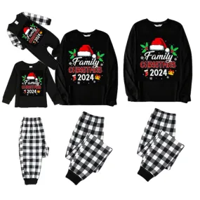 "Family Christmas 2024" and Santa Hat Prints Black and White Plaid Family Matching Pajamas