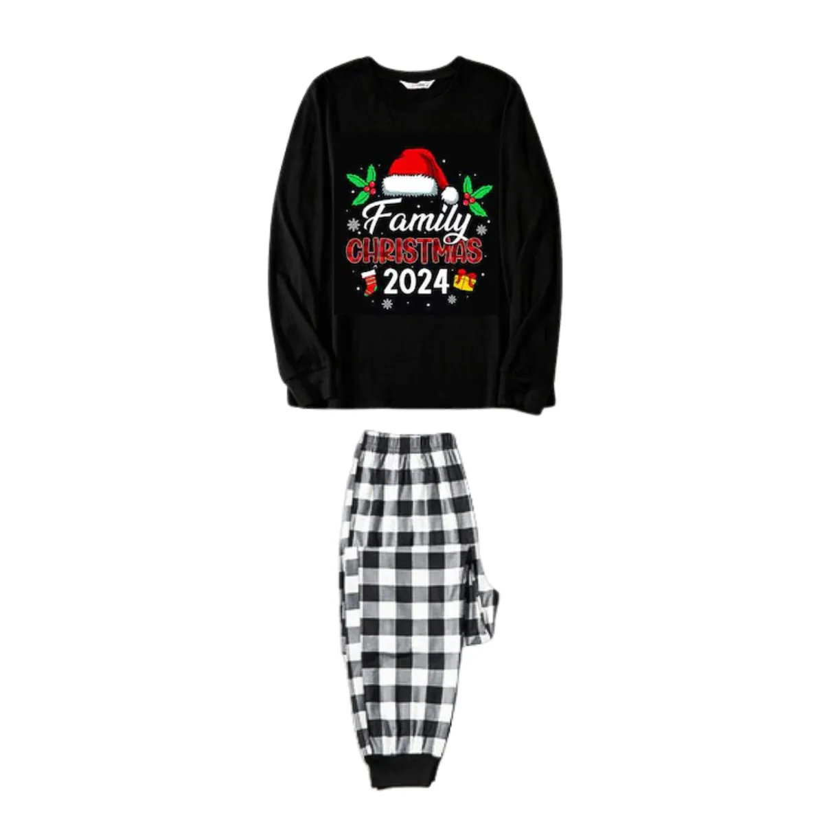 "Family Christmas 2024" and Santa Hat Prints Black and White Plaid Family Matching Pajamas