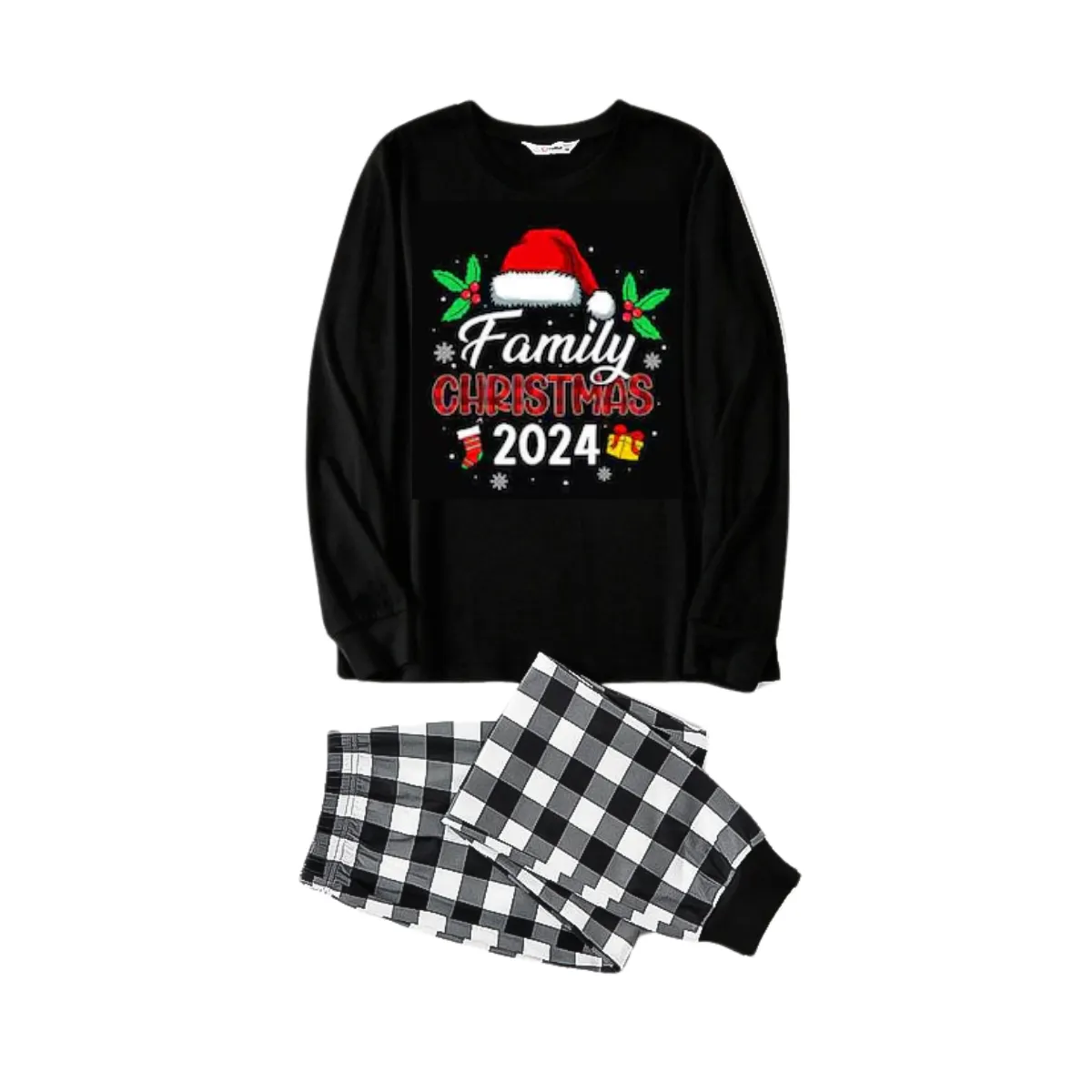 "Family Christmas 2024" and Santa Hat Prints Black and White Plaid Family Matching Pajamas