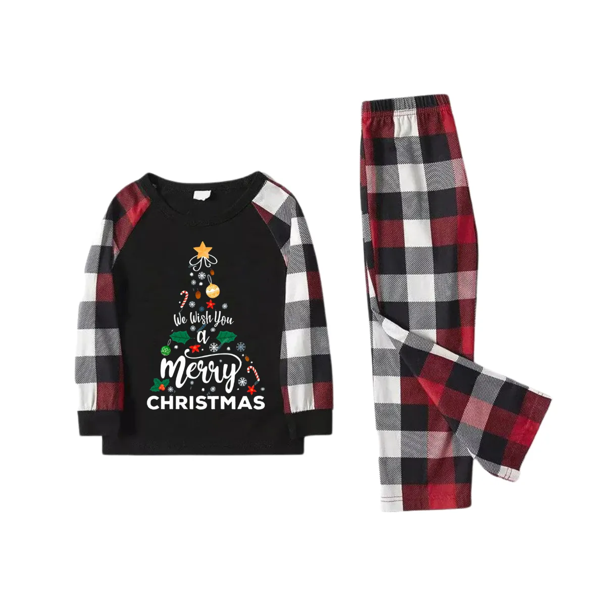 "We Wish You a Merry Christmas" Prints Red & Black & Grey & White Plaid Family Matching Pajamas