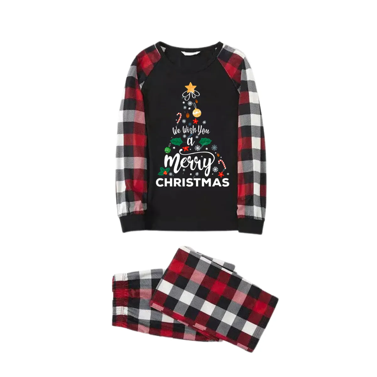 "We Wish You a Merry Christmas" Prints Red & Black & Grey & White Plaid Family Matching Pajamas