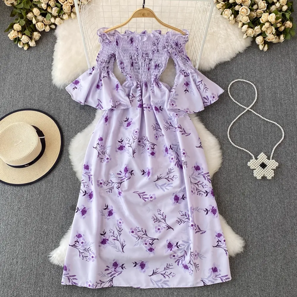 Retro Trumpet Sleeve Strapless Mid-length A-line Floral Dress 949