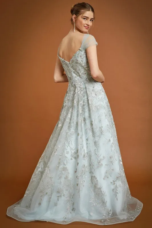 Sage Off Shoulder V Neck Embroidery Ball Gown