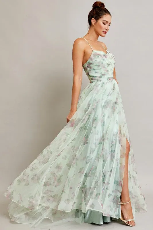 Sage Sleeveless Sweetheart A Line Floral Print Dress