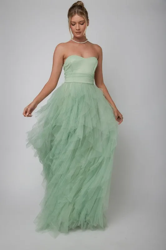 Sage Strapless Tulle Maxi Dress