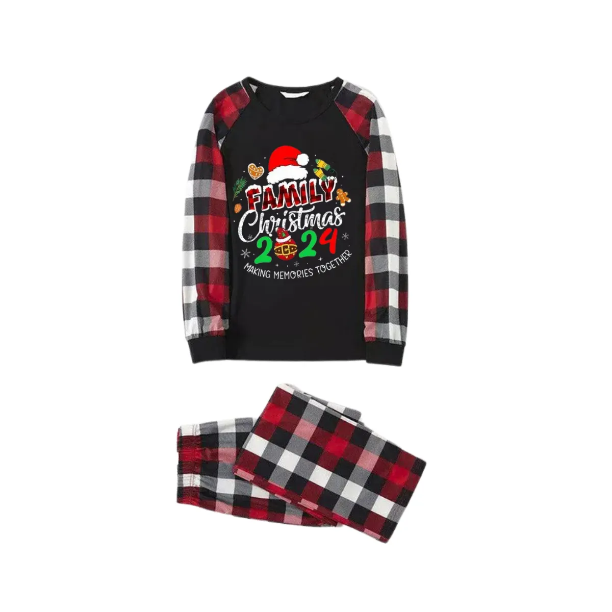 Santa Hat And "Family Christmas 2024 " Colorful Text Printed Pattern - Black Top with Red&Black&White Plaid Sleeves - Family Matching Pajamas