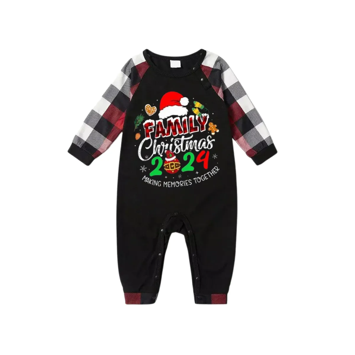 Santa Hat And "Family Christmas 2024 " Colorful Text Printed Pattern - Black Top with Red&Black&White Plaid Sleeves - Family Matching Pajamas