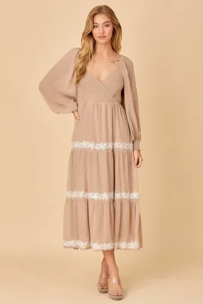 Taupe Surplice Maxi Dess With Embroidery Detail