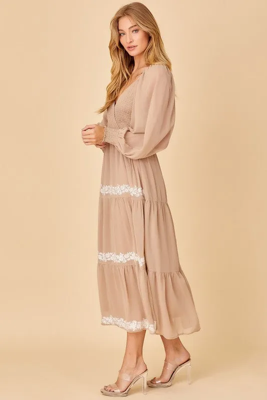 Taupe Surplice Maxi Dess With Embroidery Detail