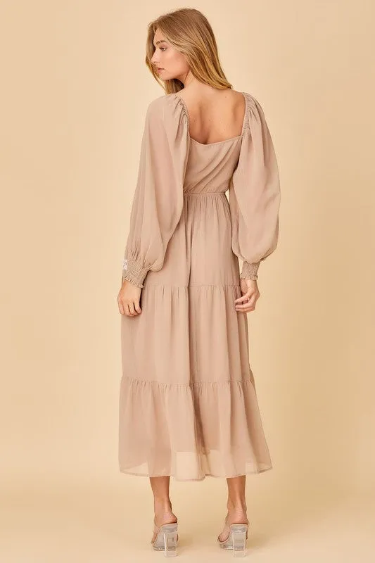 Taupe Surplice Maxi Dess With Embroidery Detail