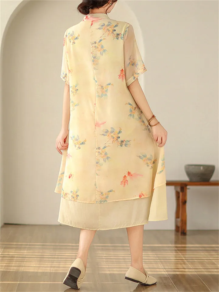 Women's Elegant Flower Printed Flowy Cheongsam Dress